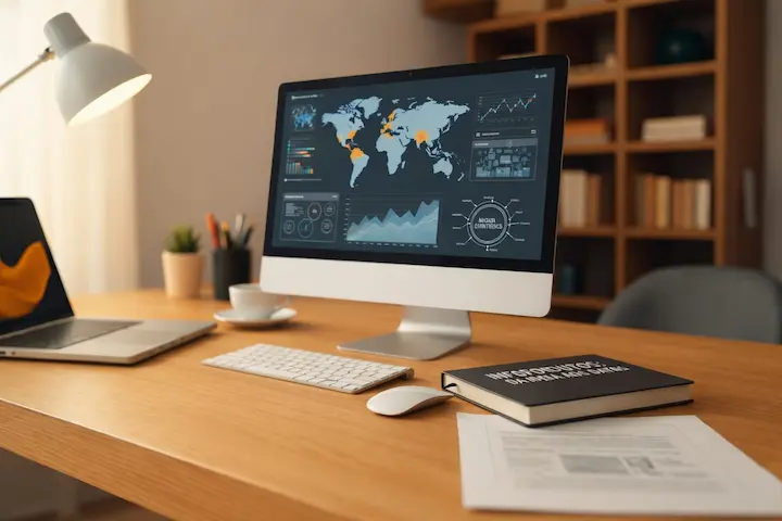 Computador em mesa de trabalho exibindo mapas e gráficos digitais, representando o funcionamento dos infoprodutos digitais.