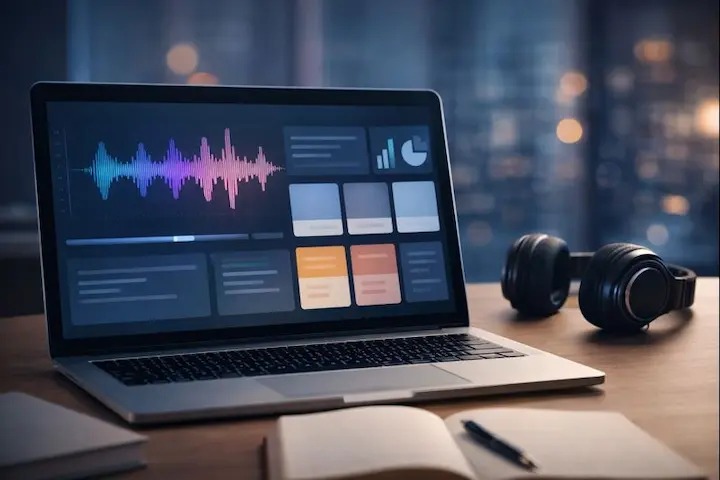 A modern, minimalist web interface depicting a variety of freelance audio transcription platforms. In the foreground, clean icons and user-friendly layouts showcase the core features - audio uploading, transcription, and file management. The middle ground features laptop screens displaying transcription dashboards, with intuitive controls and real-time progress indicators. In the background, a soft, blurred cityscape suggests a professional, urban setting conducive to remote work. The overall atmosphere conveys efficiency, productivity, and the empowering tools available to aspiring audio transcriptionists. Notebook de última geração exibindo interface profissional de edição e análise de ondas sonoras em um escritório minimalista com iluminação urbana ao fundo.