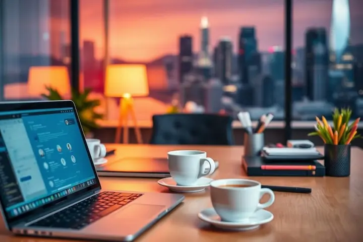 Laptop em mesa de trabalho moderna com vista para centro empresarial, simbolizando a infraestrutura da operação remota global.