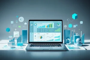 Dashboard digital em um notebook exibindo métricas de performance e otimização de ativos online.