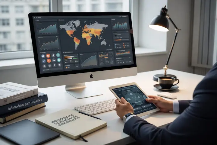 A beautifully illustrated infographic against a warm, earthy background. In the foreground, a magnifying glass hovers over a collection of digital devices and icons representing various online products and platforms. In the middle ground, a hand carefully crafts a new digital product, with detailed elements such as a notebook, pen, and computer monitor. The background features a soft, blurred landscape of rolling hills, hinting at the tranquility and focus required for successful infoproduct creation. The overall composition conveys the process of transforming ideas into valuable digital assets, with a sense of thoughtfulness, expertise, and creativity. Especialista analisando métricas de mercado em monitor profissional e tablet com diagramas de nichos digitais.
