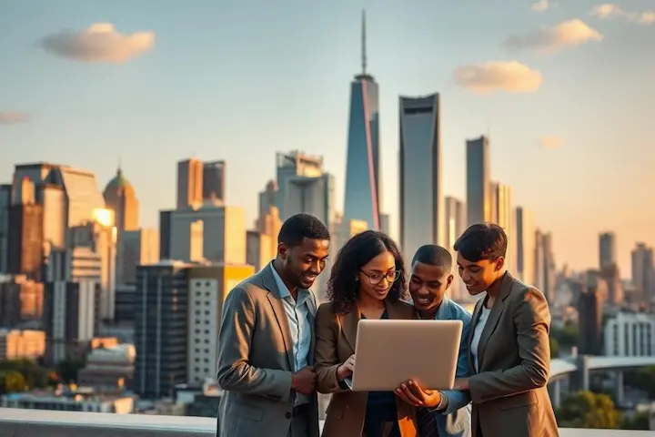 A bustling city skyline with modern high-rise buildings, conveying the digital age and technological progress. In the foreground, a group of diverse business professionals collaborating on a laptop, representing the importance of digital marketing tools for small businesses. The scene is bathed in warm, golden lighting, creating a sense of opportunity and growth. The overall composition suggests the vital role of free digital marketing resources in empowering entrepreneurs to succeed in the online landscape. Profissionais de marketing digital colaborando na estruturação de estratégias de crescimento e performance.