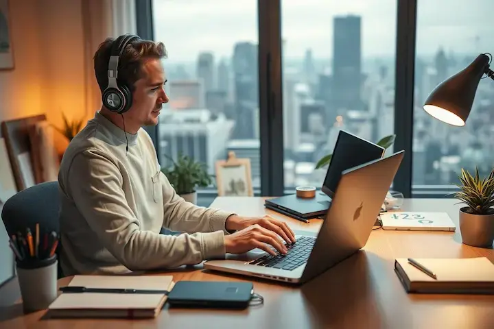 A focused and hardworking online transcriptionist sits at a neatly organized desk, intently listening to an audio file through high-quality headphones while typing rapidly on a sleek laptop. The room is bathed in a warm, focused light, creating a productive and professional atmosphere. Surrounding the desk are carefully curated office supplies, a potted plant, and other personal touches that reflect the transcriptionist's dedication to their craft. In the background, a window offers a glimpse of a bustling city skyline, hinting at the global reach and flexibility of this online work. The overall scene conveys the satisfaction and sense of purpose that can be found in a career as an online transcriptionist. Profissional focado operando notebook em uma estação de trabalho organizada com vista urbana, utilizando fones de ouvido para processamento de áudio técnico.