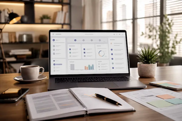 Notebook com interface de planejamento, caderno aberto e materiais organizados, representando um guia prático para criar infoprodutos.
