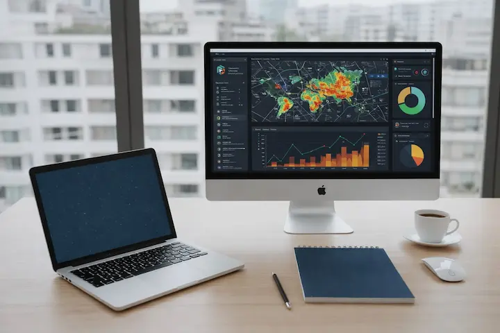 Workspace institucional com monitor exibindo dados globais e caderno de planejamento estratégico para infoprodutos.