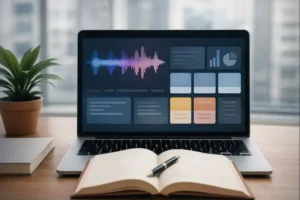 Laptop exibindo interface de software de transcrição com ondas sonoras e gráficos de análise, posicionado em uma estação de trabalho organizada e profissional.