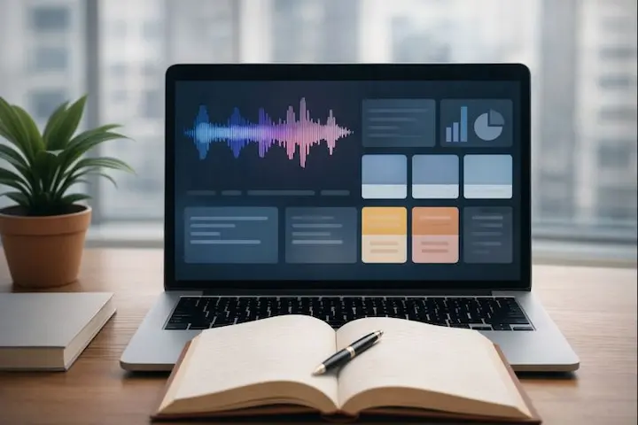 Laptop exibindo interface de software de transcrição com ondas sonoras e gráficos de análise, posicionado em uma estação de trabalho organizada e profissional.