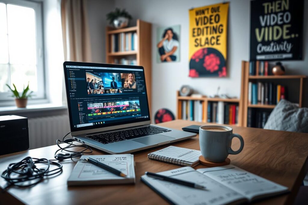 A beginner video editor workspace, featuring a comfortable desk with a laptop displaying video editing software in action, showcasing vibrant timelines and editing tools on the screen. In the foreground, there are neatly organized video clips and storyboards along with a cup of coffee and a notepad with handwritten notes for ideas. The middle ground includes a soft, natural light illuminating the workspace, creating a warm and inviting atmosphere. The background features a bookshelf filled with video editing books and inspirational posters on the walls that emphasize creativity. The overall mood is focused and encouraging, portraying a sense of potential and motivation for aspiring freelance video editors. Um espaço de trabalho para iniciantes em edição de vídeo, com uma mesa confortável e um laptop exibindo um software de edição em ação, mostrando linhas do tempo vibrantes e ferramentas de edição na tela. Em primeiro plano, clipes de vídeo e storyboards organizados, juntamente com uma xícara de café e um bloco de notas com anotações manuscritas de ideias. Ao fundo, uma luz natural suave ilumina o espaço de trabalho, criando uma atmosfera acolhedora e convidativa. Uma estante repleta de livros sobre edição de vídeo e pôsteres inspiradores nas paredes enfatizam a criatividade. O clima geral é de foco e incentivo, transmitindo uma sensação de potencial e motivação para aspirantes a editores de vídeo freelancers.