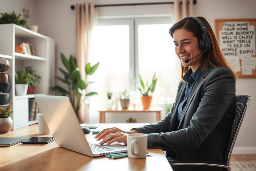 Um ambiente de escritório doméstico aconchegante com um representante de atendimento ao cliente profissional. Em primeiro plano, uma pessoa concentrada, vestindo roupas casuais elegantes, está sentada à mesa, conversando em um laptop e demonstrando uma postura amigável. A mesa está organizada com um fone de ouvido, um bloco de notas e uma caneca de café. Em segundo plano, a luz suave filtra-se por uma grande janela, iluminando plantas e detalhes pessoais, como fotos de família nas prateleiras. O fundo inclui cores de parede tranquilas e um quadro de avisos com lembretes e frases motivacionais. A atmosfera é acolhedora e convidativa, transmitindo uma sensação de profissionalismo e conforto, ideal para o trabalho remoto de atendimento ao cliente.