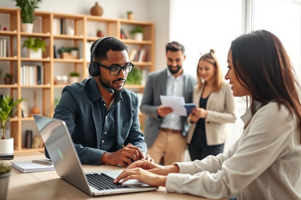 Um cenário moderno e dinâmico de atendimento ao cliente online, apresentando uma equipe diversificada de profissionais em um ambiente de escritório doméstico bem iluminado. Em primeiro plano, uma pessoa concentrada, vestindo roupas casuais elegantes, interage com um fone de ouvido, digitando atentamente em um laptop. Em segundo plano, dois colegas, também em trajes profissionais, compartilham ideias enquanto interagem em outra tela. Ao fundo, prateleiras repletas de livros e plantas criam uma atmosfera aconchegante e produtiva. Uma luz natural suave entra por uma janela, projetando sombras delicadas. O clima geral deve transmitir calor, colaboração e a eficiência do atendimento ao cliente online. Certifique-se de que a cena seja dinâmica e envolvente, enfatizando a importância do suporte ao cliente em um ambiente online.