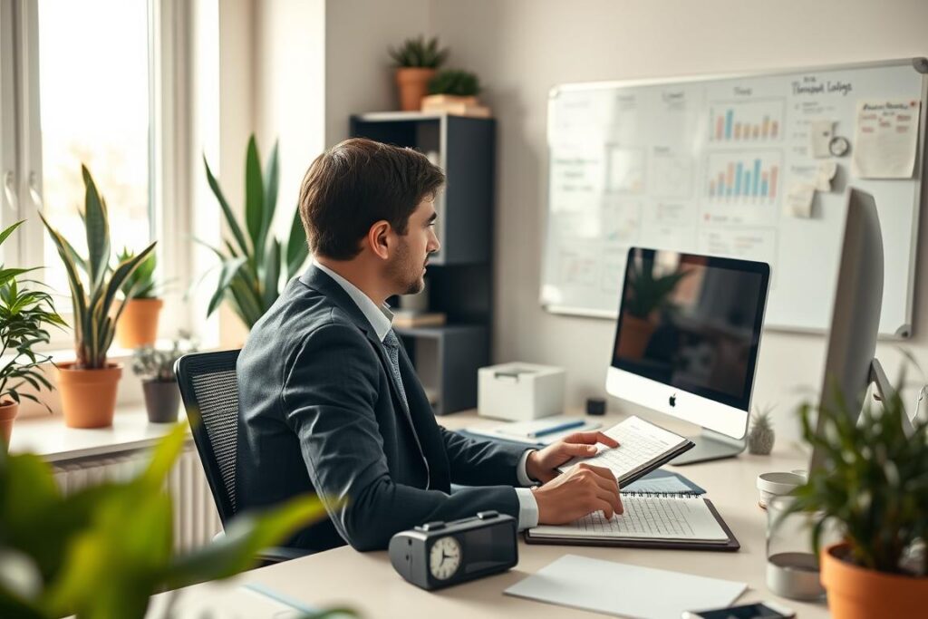 A modern home office scene showcasing remote work and time management practices. In the foreground, a focused person dressed in professional business attire sits at a tidy desk with a computer, planner, and clock, demonstrating productivity. In the middle ground, a whiteboard filled with organized task lists and charts reflects effective time management. The background features a window with natural light spilling in, illuminating plants and a bookshelf, creating a warm and inviting atmosphere. The overall mood is one of concentration, motivation, and balance, captured with soft lighting from the window and a slight depth of field to emphasize the subject in focus. Uma cena moderna de escritório em casa, ilustrando o trabalho remoto e as práticas de gestão do tempo. Em primeiro plano, uma pessoa concentrada, vestida com traje profissional, senta-se em uma mesa organizada com computador, agenda e relógio, demonstrando produtividade. Em segundo plano, um quadro branco repleto de listas de tarefas e gráficos organizados reflete uma gestão eficaz do tempo. Ao fundo, uma janela permite a entrada de luz natural, iluminando plantas e uma estante de livros, criando uma atmosfera acolhedora e convidativa. O clima geral é de concentração, motivação e equilíbrio, capturado pela iluminação suave da janela e uma leve profundidade de campo para enfatizar o sujeito em foco.