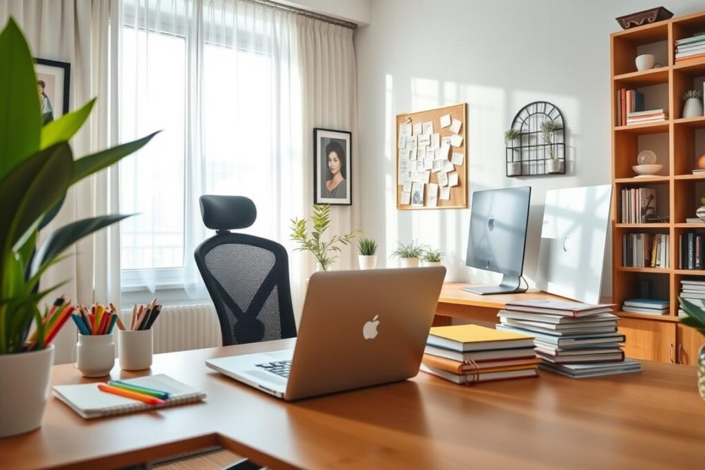 A modern home office setup showcasing productivity and organization. In the foreground, a neatly arranged wooden desk with a laptop, colorful stationery, and a potted plant. To the side, a comfortable ergonomic chair and a stack of organized notebooks. In the middle, a large window allowing soft natural light to fill the room, with sheer curtains fluttering gently. On the wall, tasteful artwork and a bulletin board filled with notes and reminders. In the background, a bookshelf filled with books and decorative items, contributing to a warm, inviting atmosphere. The mood is calm and focused, perfect for inspiring productivity. The image is captured at eye level, using soft lighting to enhance warmth and clarity. Um escritório doméstico moderno que demonstra produtividade e organização. Em primeiro plano, uma mesa de madeira arrumada com um laptop, artigos de papelaria coloridos e uma planta em vaso. Ao lado, uma cadeira ergonômica confortável e uma pilha de cadernos organizados. No centro, uma grande janela permite que a luz natural preencha o ambiente, com cortinas leves esvoaçando suavemente. Na parede, obras de arte de bom gosto e um quadro de avisos repleto de recados e lembretes. Ao fundo, uma estante cheia de livros e objetos decorativos, contribuindo para uma atmosfera acolhedora e convidativa. O clima é calmo e focado, perfeito para inspirar a produtividade. A imagem foi capturada na altura dos olhos, utilizando iluminação suave para realçar o calor e a nitidez.