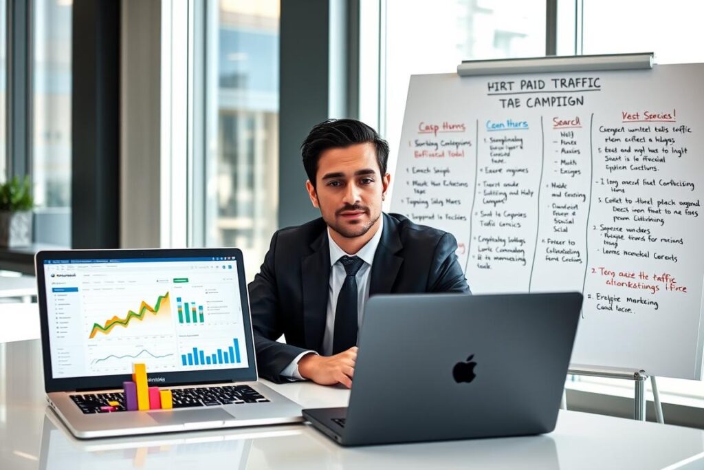 A professional individual, dressed in smart business attire, sits at a sleek desk with a laptop open, displaying an analytics dashboard. In the foreground, colorful charts and graphs represent digital marketing data. The middle ground features a large whiteboard filled with notes and strategies for ad campaigns, showing various traffic sources, such as search engines and social media. The background reveals a bright, modern office with large windows, allowing natural light to illuminate the space, creating a motivating and productive atmosphere. The composition is balanced, focusing on the person’s thoughtful expression as they plan their first paid traffic campaign. The overall mood is inspiring and educational, ideal for beginners starting in digital marketing. Um profissional, vestido com um elegante traje de negócios, está sentado em uma mesa moderna com um laptop aberto, exibindo um painel de análise. Em primeiro plano, gráficos e tabelas coloridos representam dados de marketing digital. No plano intermediário, um grande quadro branco está repleto de anotações e estratégias para campanhas publicitárias, mostrando diversas fontes de tráfego, como mecanismos de busca e mídias sociais. Ao fundo, revela-se um escritório moderno e iluminado, com grandes janelas que permitem a entrada de luz natural, criando uma atmosfera motivadora e produtiva. A composição é equilibrada, com foco na expressão pensativa da pessoa enquanto planeja sua primeira campanha de tráfego pago. O clima geral é inspirador e educativo, ideal para iniciantes no marketing digital.
