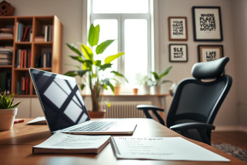 A serene home office setting showcasing techniques for productivity and efficient results. In the foreground, a well-organized desk with a sleek laptop, a notepad filled with bullet points, and a stylish ergonomic chair. The middle ground features a large window allowing natural light to fill the space, illuminating a vibrant indoor plant for a touch of greenery. In the background, shelves neatly arranged with books and inspirational quotes framed on the wall. The overall mood is calm and focused, emphasizing clarity and motivation. Soft, warm lighting enhances the inviting atmosphere, captured from a slightly elevated angle to provide depth and perspective. Um ambiente de escritório doméstico sereno, que demonstra técnicas para produtividade e resultados eficientes. Em primeiro plano, uma mesa bem organizada com um laptop elegante, um bloco de notas com tópicos e uma cadeira ergonômica estilosa. Ao fundo, uma grande janela permite que a luz natural preencha o espaço, iluminando uma planta vibrante que adiciona um toque de verde. Ao fundo, prateleiras organizadas com livros e citações inspiradoras emolduradas na parede. O clima geral é de calma e foco, enfatizando clareza e motivação. A iluminação suave e quente realça a atmosfera convidativa, capturada de um ângulo ligeiramente elevado para proporcionar profundidade e perspectiva.