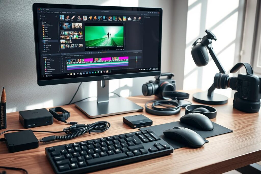 A well-organized desktop setup featuring essential video editing tools for freelancers. In the foreground, a high-resolution computer monitor displays a video editing software interface with colorful timelines and clips arranged neatly. To the sides, a sleekKeyboard and a professional-grade mouse. In the middle ground, various tools such as external hard drives, headphones, and a reliable camera for capturing footage, all arranged on a clean wooden desk. The background includes soft, natural light from a nearby window casting gentle shadows, enhancing the creative atmosphere. The overall mood is focused and inspiring, inviting viewers into the world of video editing, showcasing a blend of technology and creativity without any distractions. Um espaço de trabalho bem organizado, com ferramentas essenciais de edição de vídeo para freelancers. Em primeiro plano, um monitor de alta resolução exibe a interface de um software de edição de vídeo com linhas do tempo coloridas e clipes organizados de forma impecável. Ao lado, um teclado elegante e um mouse profissional. No centro, diversas ferramentas, como discos rígidos externos, fones de ouvido e uma câmera confiável para capturar imagens, estão dispostas sobre uma mesa de madeira limpa. O fundo é iluminado por uma luz natural suave que entra por uma janela próxima, projetando sombras delicadas e reforçando a atmosfera criativa. O clima geral é de foco e inspiração, convidando o espectador a mergulhar no mundo da edição de vídeo e exibindo uma combinação de tecnologia e criatividade sem distrações.