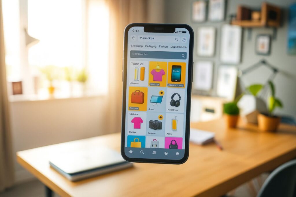 A modern e-commerce platform interface displayed on a smartphone screen, highlighting various product categories such as electronics, fashion, and digital goods. In the foreground, a hand interacts with the screen, showcasing an engaging user experience. The middle layer features vibrant product images with bright, attractive colors and clean design elements. In the background, a soft-focus image of a cozy home office setting, including a stylish desk and decor, conveys a productive atmosphere. Natural lighting streams in from a nearby window, creating a warm and inviting mood. The perspective emphasizes the smartphone, capturing the essence of a mobile-centric online selling experience. Uma interface moderna de plataforma de e-commerce exibida na tela de um smartphone, destacando diversas categorias de produtos, como eletrônicos, moda e bens digitais. Em primeiro plano, uma mão interage com a tela, demonstrando uma experiência de usuário envolvente. A camada intermediária apresenta imagens vibrantes de produtos com cores vivas e atraentes e elementos de design limpos. Ao fundo, uma imagem com foco suave de um aconchegante escritório em casa, incluindo uma mesa e decoração elegantes, transmite uma atmosfera produtiva. A luz natural que entra por uma janela próxima cria um ambiente acolhedor e convidativo. A perspectiva enfatiza o smartphone, capturando a essência de uma experiência de venda online centrada em dispositivos móveis.