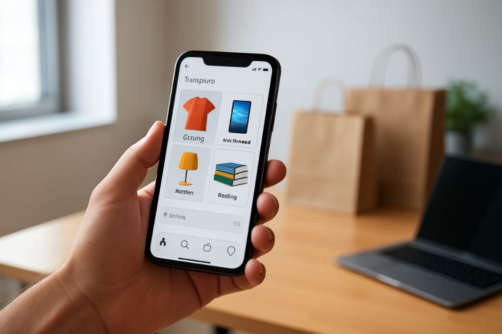 Um smartphone moderno exibe a interface dinâmica de um aplicativo de e-commerce, apresentando uma variedade de produtos como roupas, eletrônicos e artigos para o lar. Em primeiro plano, um par de mãos, vestidas com trajes profissionais, interage com o telefone, tocando na tela para explorar os itens. Em segundo plano, diversas sacolas de compras e um laptop simbolizam as transações de varejo modernas. Ao fundo, um espaço de trabalho elegante e bem iluminado, com uma janela ampla, sugere produtividade e conforto. Uma iluminação ambiente suave e convidativa realça a cena, criando uma atmosfera acolhedora e estimulante. A composição deve evocar uma sensação de inovação e facilidade associada às vendas via dispositivos móveis, destacando os benefícios do e-commerce por meio de plataformas móveis.