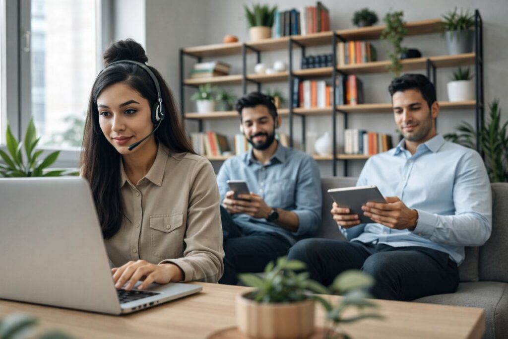 Um ambiente de escritório doméstico moderno, apresentando um grupo diversificado de três profissionais envolvidos em atendimento ao cliente digital. Em primeiro plano, uma jovem concentrada, vestida com um elegante traje casual, interage com clientes em seu laptop, usando um fone de ouvido. Ao fundo, um colega do sexo masculino senta-se ao lado dela, também com um laptop, anotando em um bloco de notas, enfatizando o trabalho em equipe e a colaboração. O fundo mostra um espaço de trabalho bem organizado, com prateleiras repletas de livros e plantas, criando uma atmosfera aconchegante. A luz natural suave de uma janela projeta sombras delicadas, enquanto o ângulo da câmera captura a cena de um ponto ligeiramente superior, reforçando a sensação de produtividade e foco. O clima geral é colaborativo e vibrante, refletindo as habilidades essenciais e o preparo necessários para um atendimento ao cliente digital eficaz.