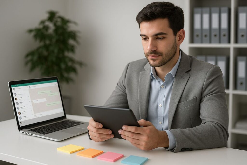 Um espaço de trabalho profissional e envolvente, focado no uso do WhatsApp Business para vendas online. Em primeiro plano, uma mesa organizada com um laptop moderno exibindo a interface do WhatsApp Business, cercado por post-its coloridos e gráficos de vendas. Ao centro, uma pessoa com traje casual elegante interage atentamente com o laptop, demonstrando o processo de vendas passo a passo. Ao fundo, uma estante bem organizada com livros de marketing, um vaso de planta para um toque de verde e uma luz suave e quente iluminando a cena, criando uma atmosfera convidativa. O ângulo da foto está ligeiramente acima da linha dos olhos para capturar com eficácia tanto o foco da pessoa quanto a tela do laptop, evocando uma sensação de produtividade e profissionalismo.