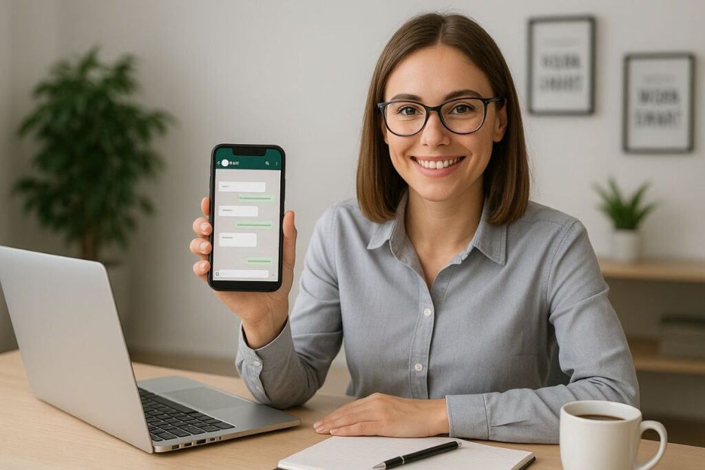 Uma profissional em um ambiente de escritório moderno, interagindo ativamente com um smartphone que exibe o aplicativo WhatsApp Business. Em primeiro plano, ela está sentada em uma mesa elegante com um laptop, um bloco de notas e uma xícara de café. Seu traje é casual de negócios, refletindo profissionalismo e acessibilidade. Em segundo plano, uma tela vibrante e colorida exibe recursos do WhatsApp Business, como respostas de bate-papo e consultas de clientes. O fundo apresenta um escritório levemente desfocado, com plantas e pôsteres motivacionais, criando uma atmosfera produtiva. A iluminação natural e suave destaca sua expressão concentrada, transmitindo uma sensação de eficiência e conectividade digital. O clima geral é energético e inspirador, enfatizando estratégias de vendas eficazes na comunicação empresarial moderna.