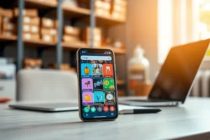 Interface de aplicativo de vendas exibindo produtos e métricas de monetização em um smartphone.