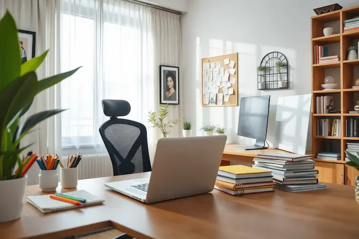 Arquitetura de Workspace Remoto e Engenharia de Ambiente. Estação de trabalho remota com design clean, cadeira ergonômica e organização técnica para maximizar o foco e a engenharia de ambiente.