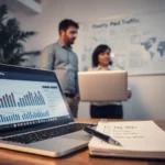 Notebook em primeiro plano exibindo gráficos de performance e um bloco de notas com o título Key Steps em um ambiente corporativo.