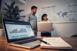 Notebook em primeiro plano exibindo gráficos de performance e um bloco de notas com o título Key Steps em um ambiente corporativo.