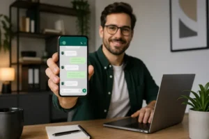 Profissional usando smartphone em escritório para demonstrar como usar o WhatsApp Business para vendas online.