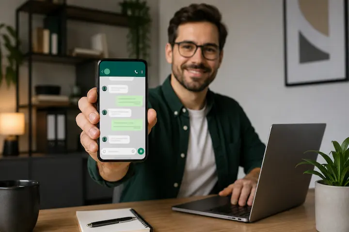 Profissional usando smartphone em escritório para demonstrar como usar o WhatsApp Business para vendas online.