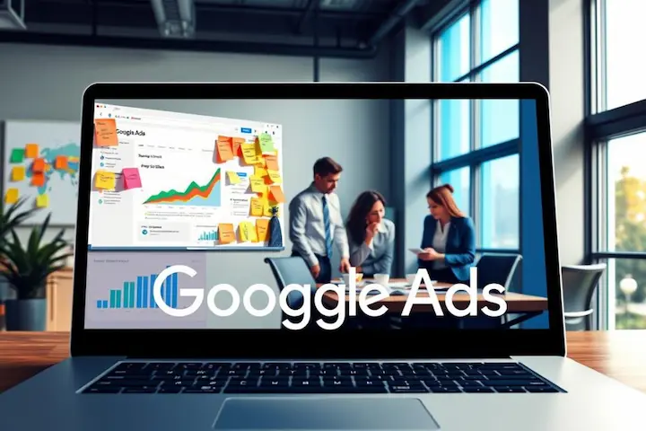Google Ads e Meta Ads: Escolhendo a Plataforma de PPC. Tela de notebook exibindo o logotipo do Google Ads e gráficos de performance com equipe trabalhando ao fundo em escritório moderno.