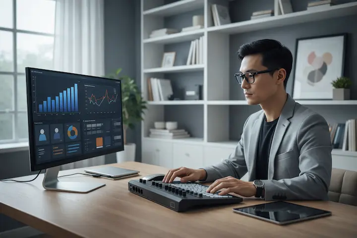 Editor de vídeo profissional em postura executiva analisando métricas de mercado e oportunidades de negócio.