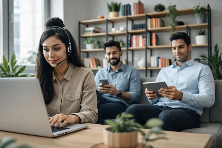 Habilidades e Competências para Suporte Remoto. Profissional de atendimento digital operando laptop com foco e clareza na comunicação.