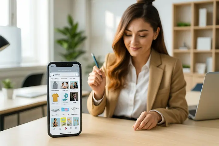 Especialista analisando a implementação estratégica de uma loja virtual em um dispositivo móvel.