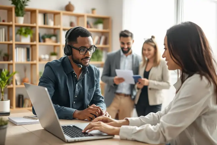 Importância Estratégica do Atendimento Digital. Equipe de suporte digital em reunião híbrida demonstrando a conexão entre empresa e cliente.
