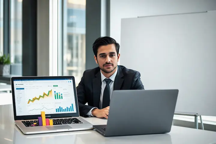 Método Prático de Tráfego Pago: Primeira Campanha. Especialista em frente a um computador e um quadro branco com anotações de planejamento de campanha de tráfego pago.