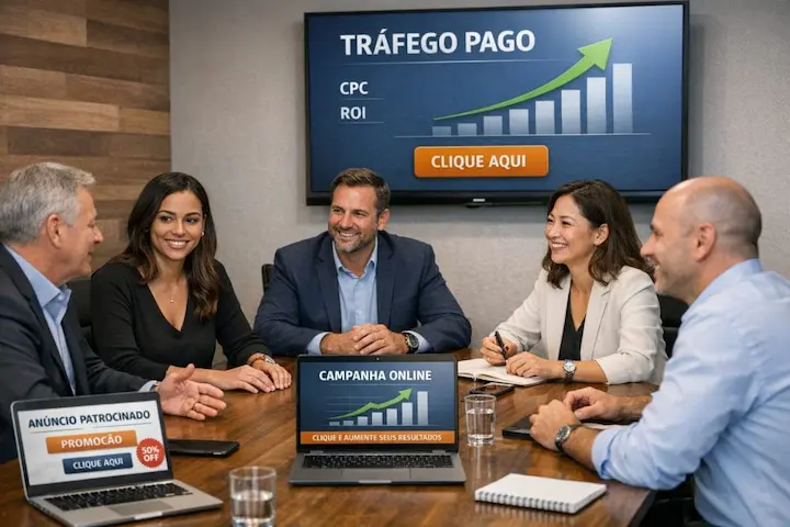 O Conceito de Tráfego Pago e Performance Digital. Reunião de equipe em uma sala de conferência discutindo resultados de tráfego pago exibidos em uma tela com foco em CPC e ROI.