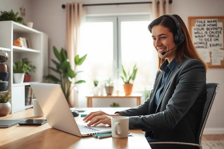 Configuração Inicial de Atendimento Home Office. Mulher sorridente em home office bem iluminado iniciando jornada de atendimento ao cliente.