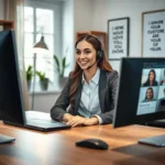 Profissional de suporte remoto utilizando headset em estação de trabalho organizada com monitores duplos.