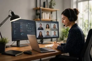 Profissional de suporte remoto utilizando headset em atendimento ao cliente home office na estação de trabalho organizada com monitores duplos.