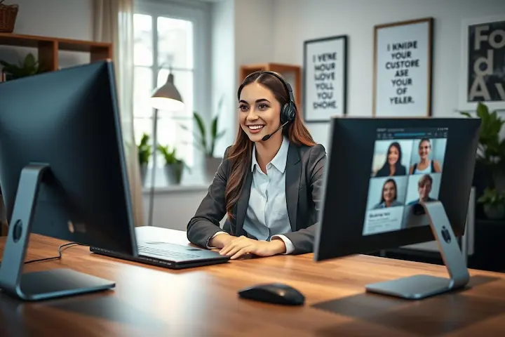 Profissional de suporte remoto utilizando headset em estação de trabalho organizada com monitores duplos.