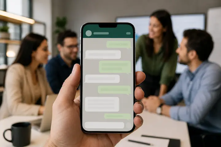 Smartphone com interface genérica de mensagens em escritório moderno, representando vantagens estratégicas do WhatsApp Business.