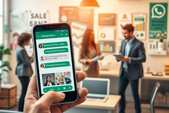 Vantagens Estratégicas do WhatsApp Business. Close em smartphone com interface de mensagens em um escritório moderno com equipe de marketing.