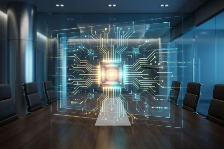 Holograma de circuito integrado centralizado em mesa de reuniões executiva, representando a arquitetura de conexões em ecossistemas digitais.