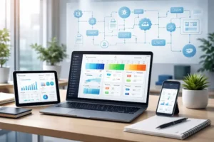 Mesa de trabalho com laptop e tablet exibindo dashboards de gestão e fluxogramas azuis ao fundo.