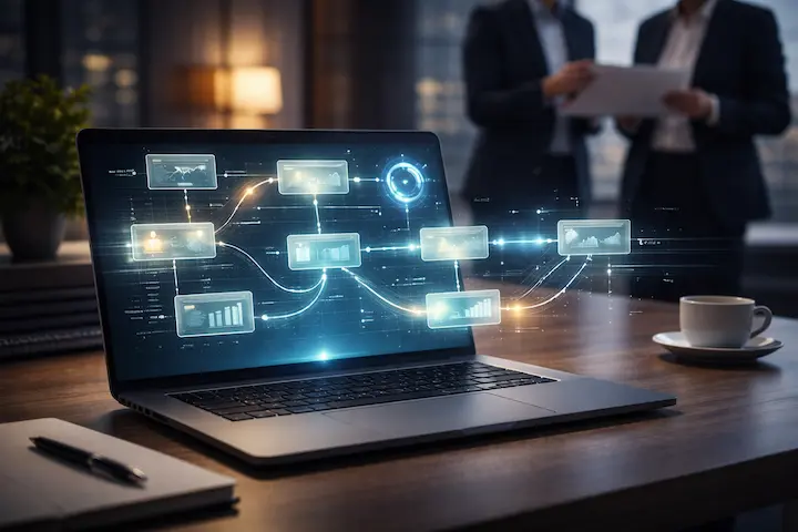 Interface digital holográfica em notebook exibindo arquitetura de fluxos de trabalho com conexões de dados e gráficos, ambiente corporativo moderno ao fundo.