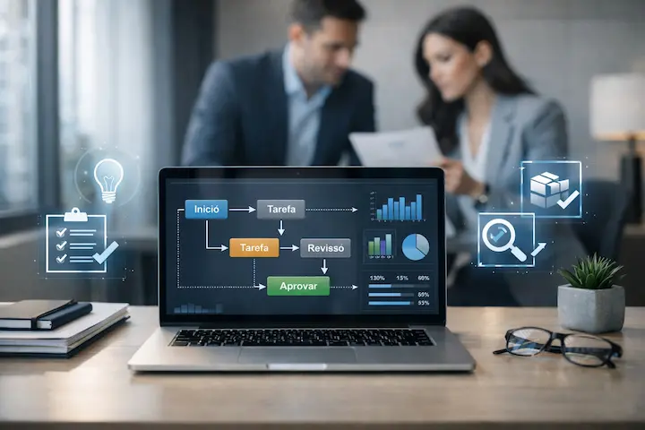 Close-up de tela de notebook mostrando um diagrama de workflow profissional com duas pessoas desfocadas ao fundo.