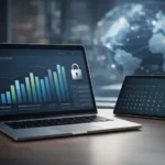 Dashboard financeiro profissional com gráficos de crescimento e ícone de segurança, representando a governança de rendas internacionais para 2026.