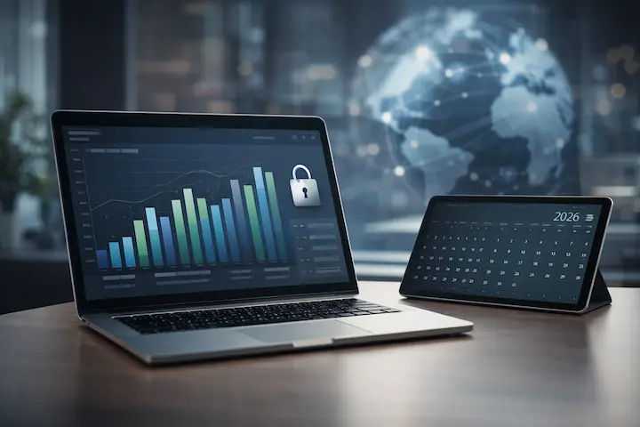 Dashboard financeiro profissional com gráficos de crescimento e ícone de segurança, representando a governança de rendas internacionais para 2026.
