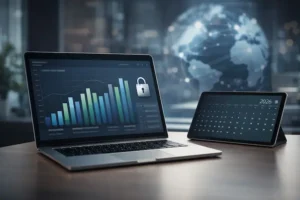 Dashboard financeiro profissional com gráficos de crescimento e ícone de segurança, representando a governança de rendas internacionais para 2026.